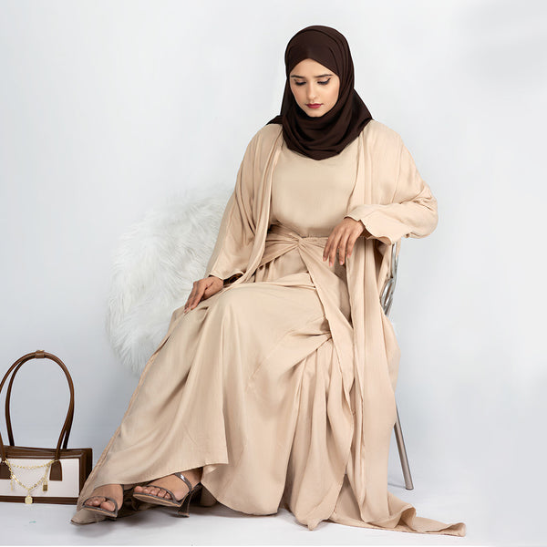 Satin Three Piece Abaya Set Beige