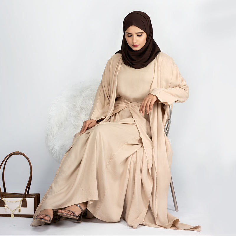 Satin Three Piece Abaya Set Beige