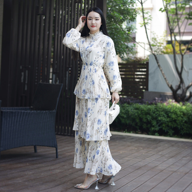 Beige Floral Chiffon Maxi Dress