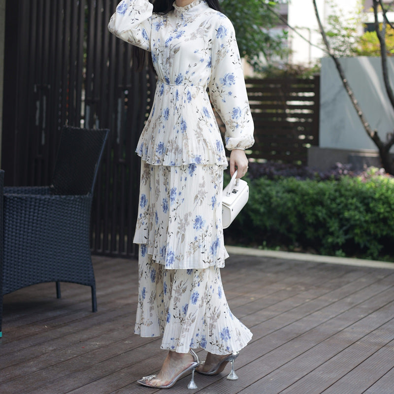 Beige Floral Chiffon Maxi Dress