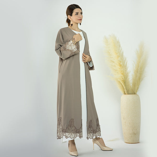 Khaki Open Abaya With Embroidered Border