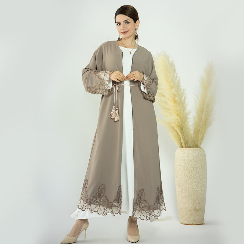 Khaki Open Abaya With Embroidered Border