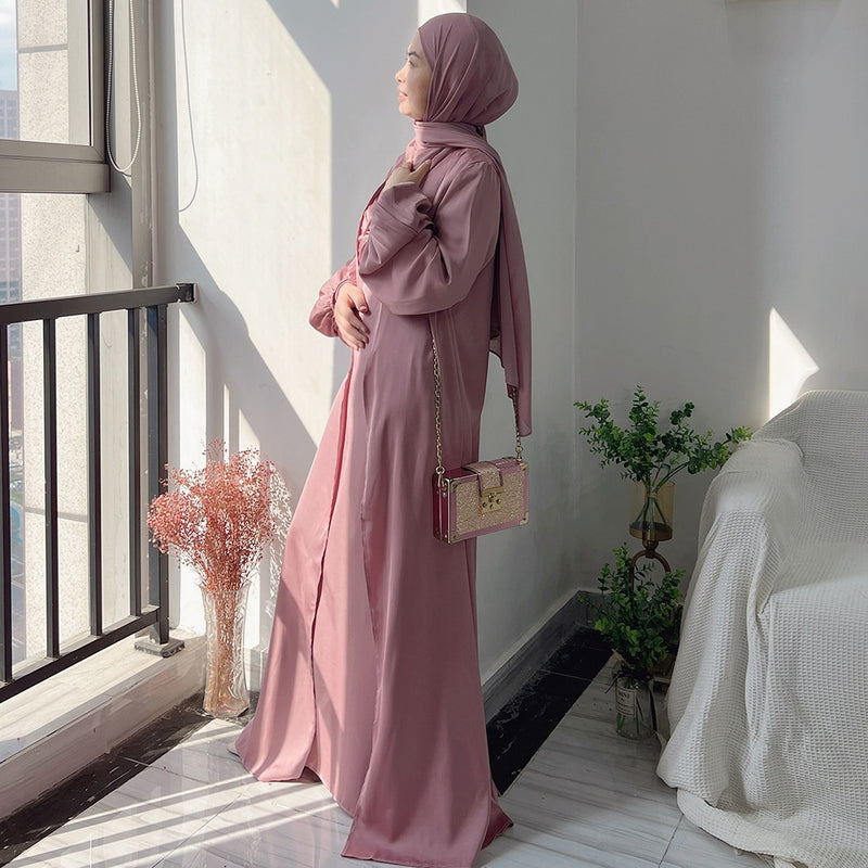 Pink Satin Two Piece Abaya Set