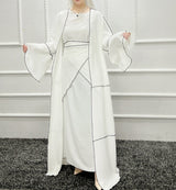 White Abaya Set with Contrast Overlocking Stitch