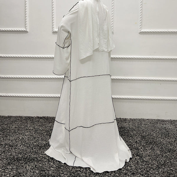 White Abaya Set with Contrast Overlocking Stitch