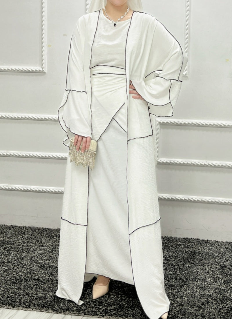 White Abaya Set with Contrast Overlocking Stitch