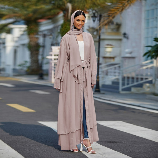 Khaki Chiffon Layered Open Abaya