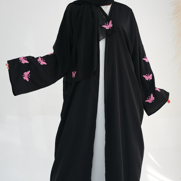 Butterfly Embroidered Sleeve Open Abaya