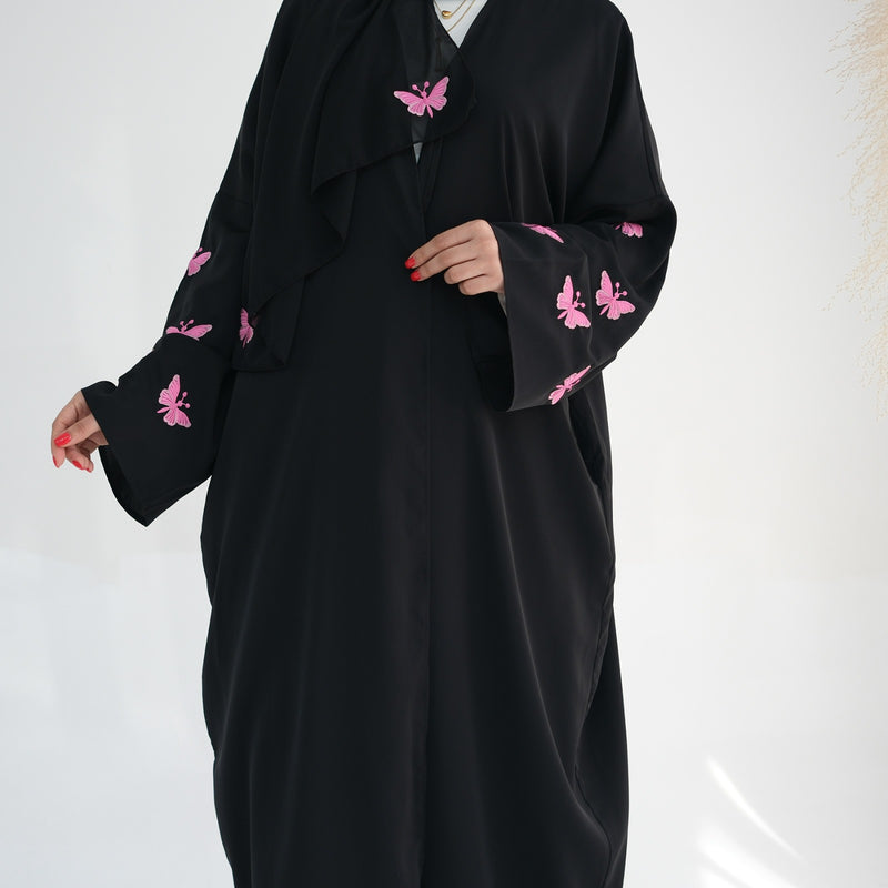 Butterfly Embroidered Sleeve Open Abaya