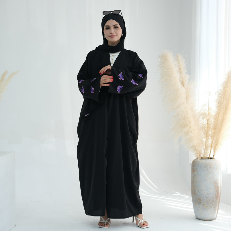 Butterfly Embroidered Sleeve Open Abaya