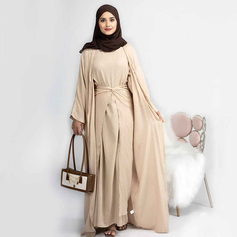 Satin Three Piece Abaya Set Beige