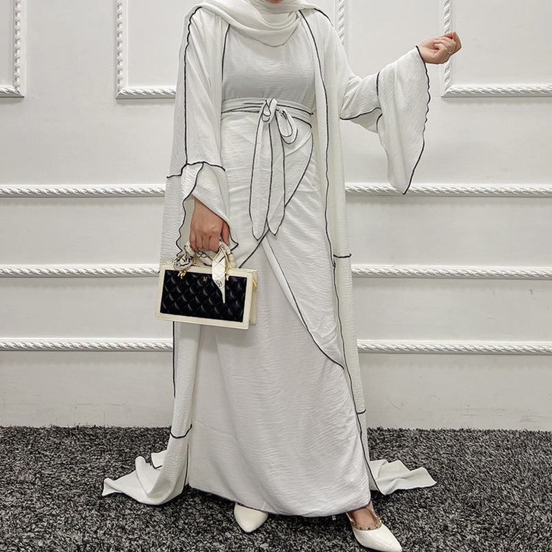 White Abaya Set with Contrast Overlocking Stitch