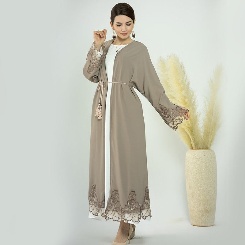 Khaki Open Abaya With Embroidered Border