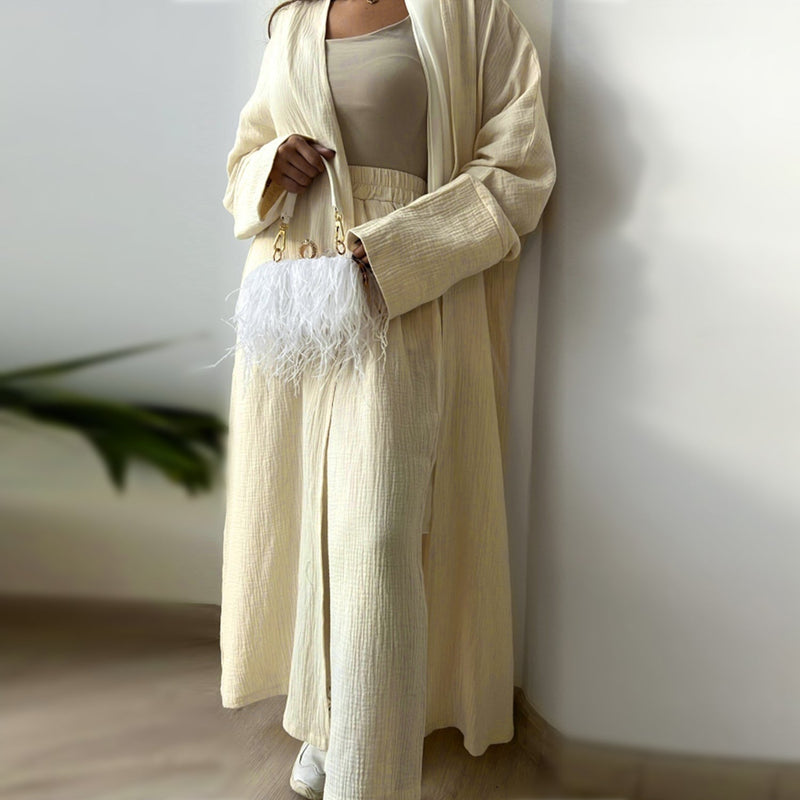 Cotton Open Abaya With Wide Leg Trousers Beige