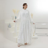 White Floral Organza Open Abaya with Tie Sleeves